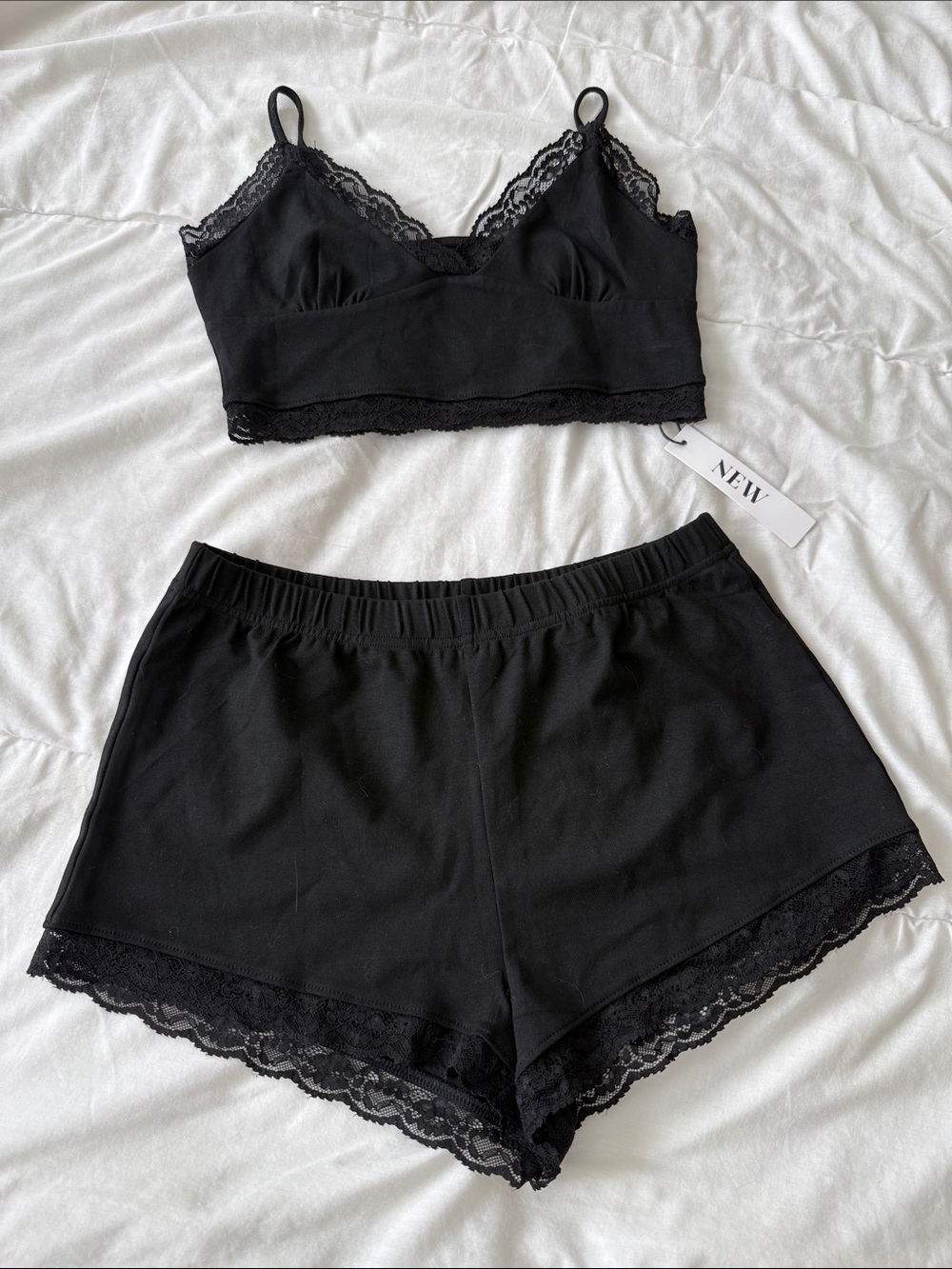 Lace Trim Bralette & Shorts Sleep Set - Black
